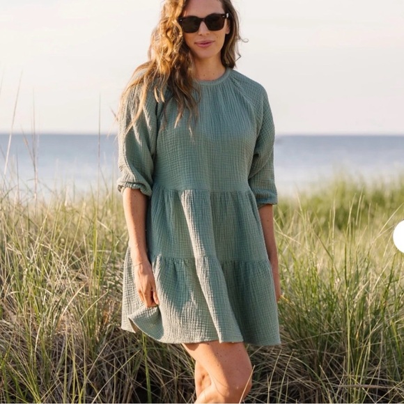 Alice Walk Dresses & Skirts - Alice Walk Organic Cotton Gauze Puff Sleeve Dress Triple Gauze In Sage XL